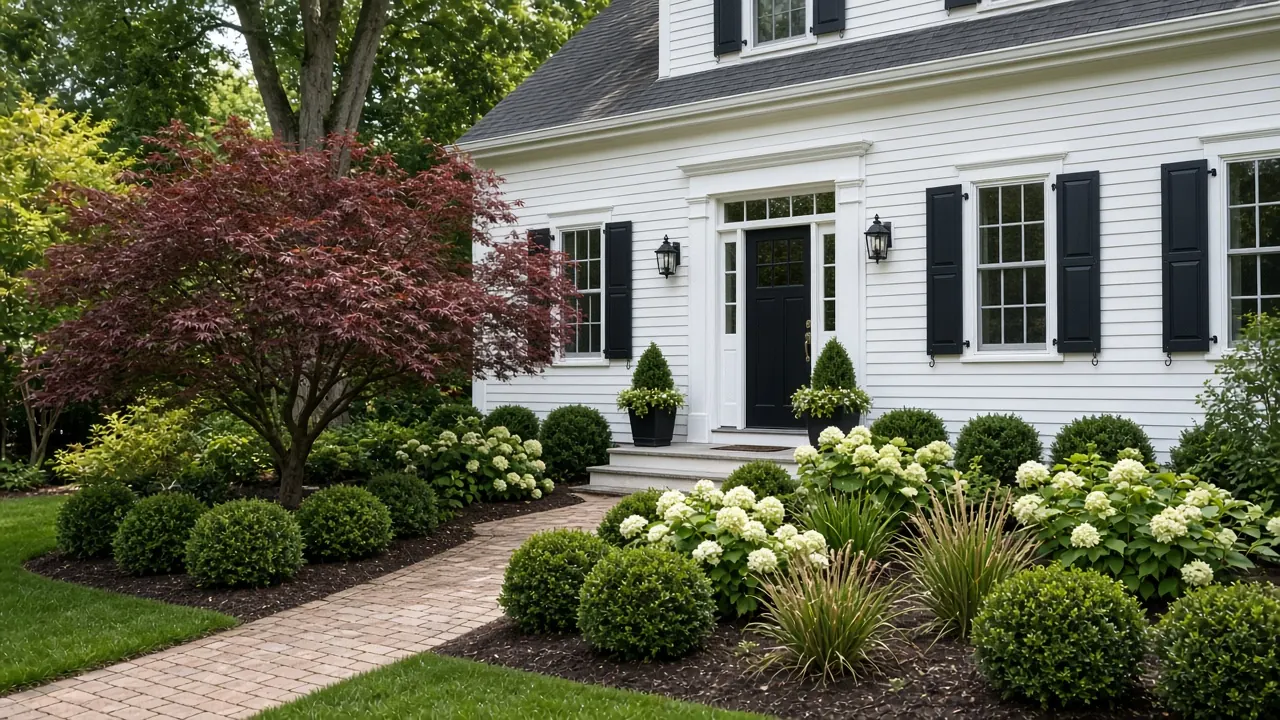 Colonial home front yard with foundation plantings and a brick walkway