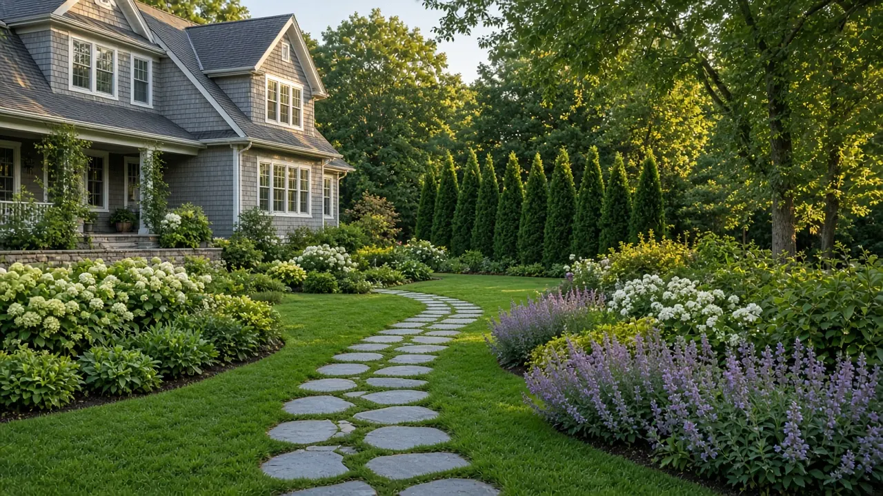Shingle-style home backyard with a curving bluestone path, catmint, and arborvitae