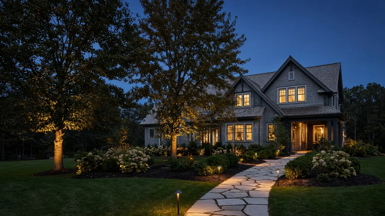Shingle home at dusk with uplit trees and path lights