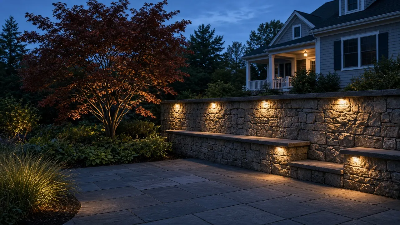 Patio seat-wall downlights and an uplit Japanese maple at blue hour
