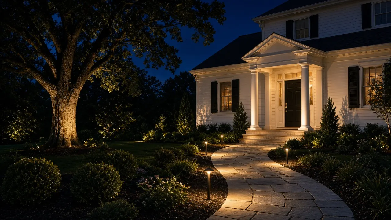 Path lights along a curving bluestone walk to a lit colonial entry, with an uplit oak at night