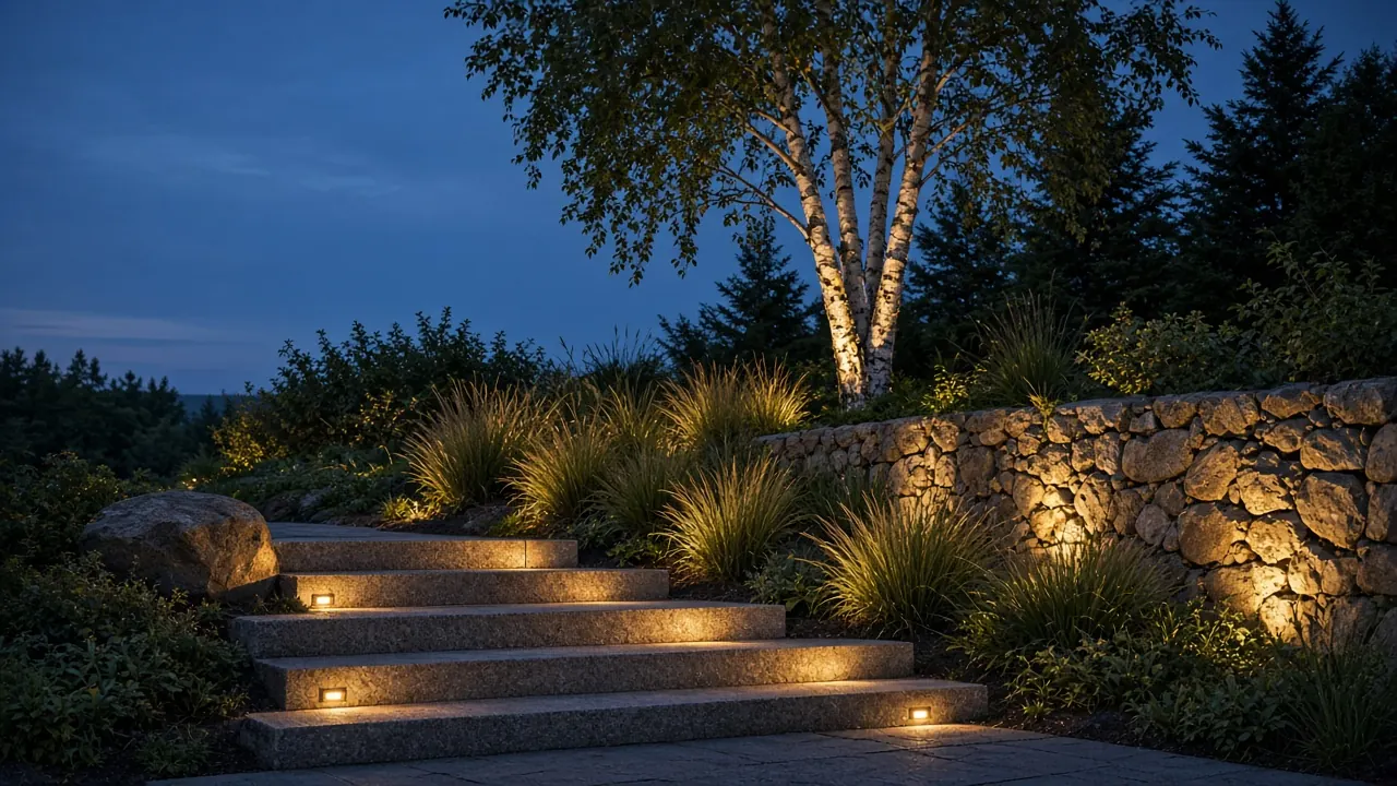 Step lights in granite steps beside an uplit fieldstone wall, ornamental grasses, and a birch at blue hour