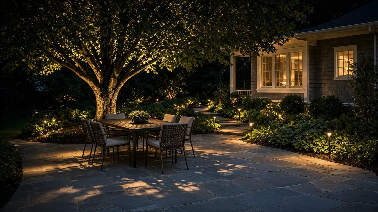 Moonlight-style downlighting from a maple over a bluestone dining patio, with path lights along the beds