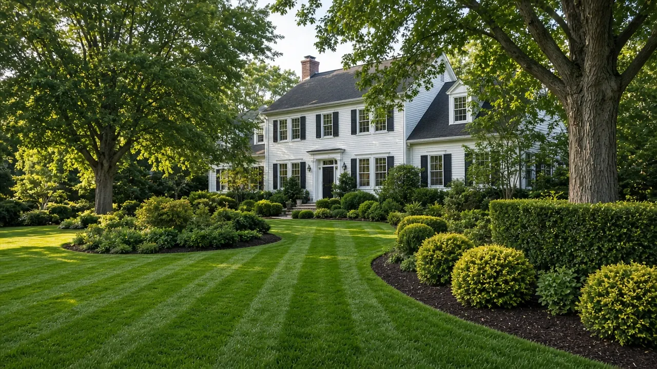Freshly striped lawn and pruned hedges in front of a colonial home