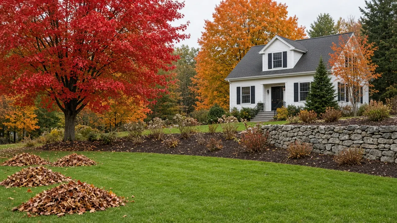 Autumn cleanup with leaf piles, a red maple, and a stone wall