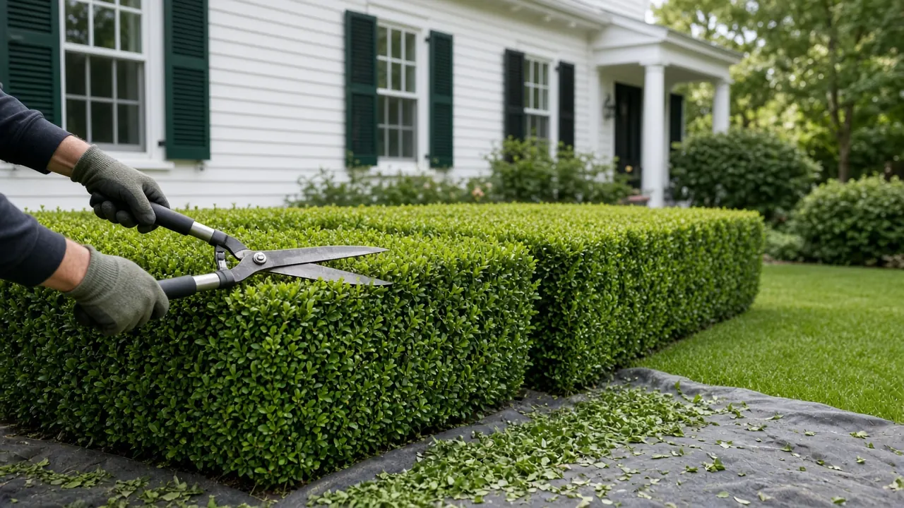 Gloved hands shaping a boxwood hedge with hand shears in front of a white colonial home, clippings on a tarp