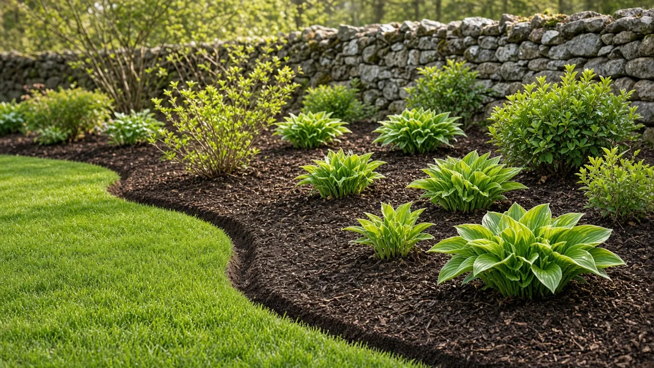 Freshly spade-edged garden bed with new mulch around hostas and shrubs beside a mowed lawn and stone wall