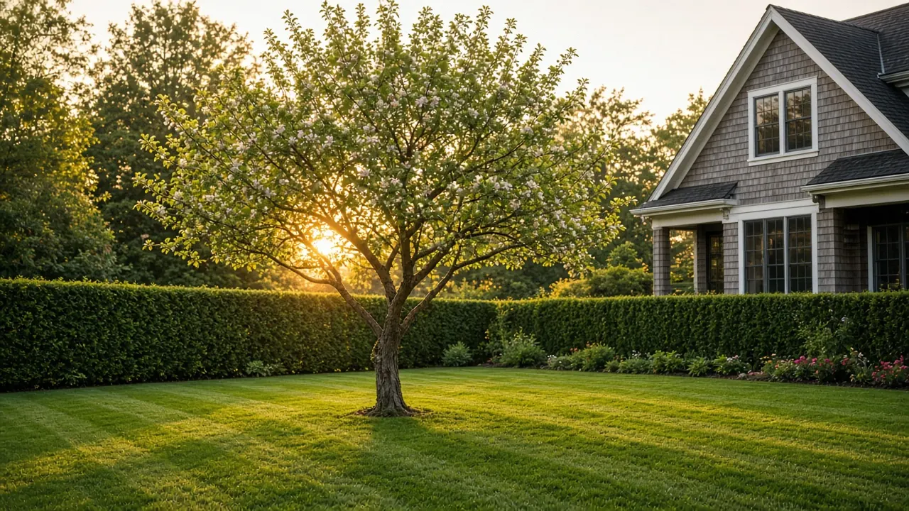 Pruned flowering crabapple on a striped lawn with a clipped hedge border at golden hour