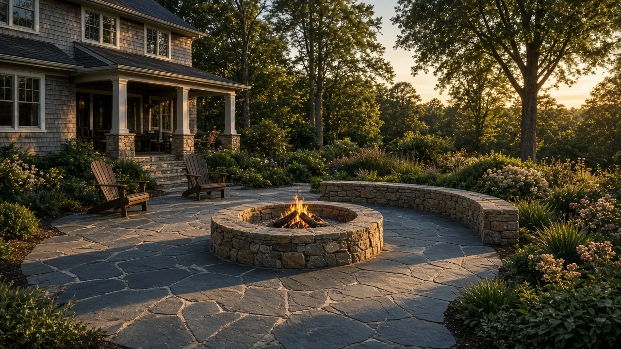 Bluestone patio with a fieldstone fire pit, seat wall, and Adirondack chairs