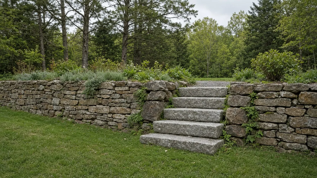 Fieldstone retaining wall with granite steps