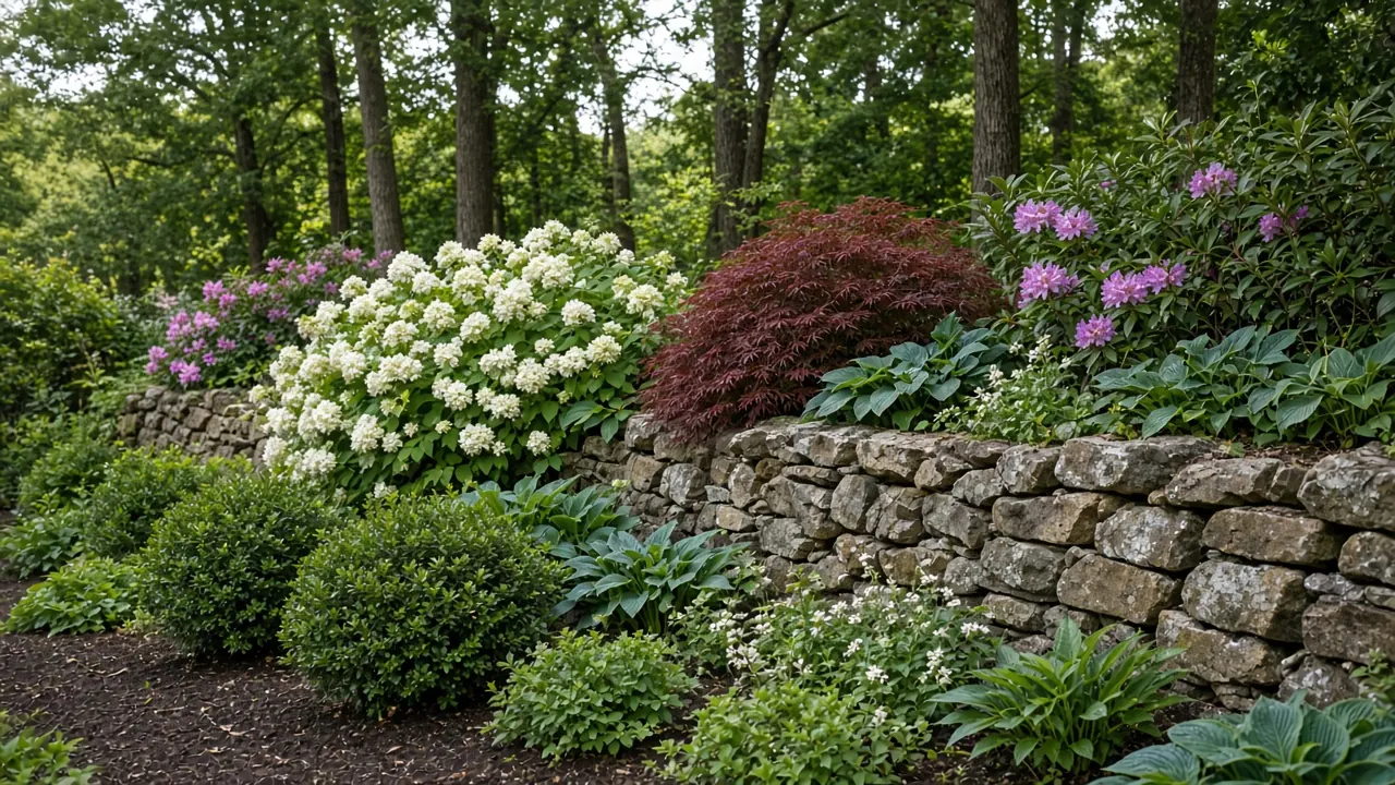 Shrub border with white hydrangea, a red Japanese maple, and purple rhododendron along a dry-laid fieldstone wall, with boxwood and hostas in front