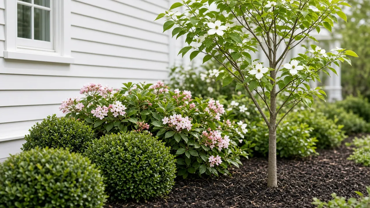 Boxwood, mountain laurel, and a young dogwood planted along white clapboard siding